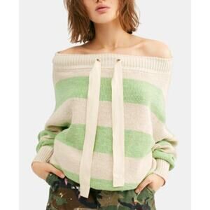 Free People Cassidy off-the-shoulder Pullover Sweater in Green Stripe, Size M